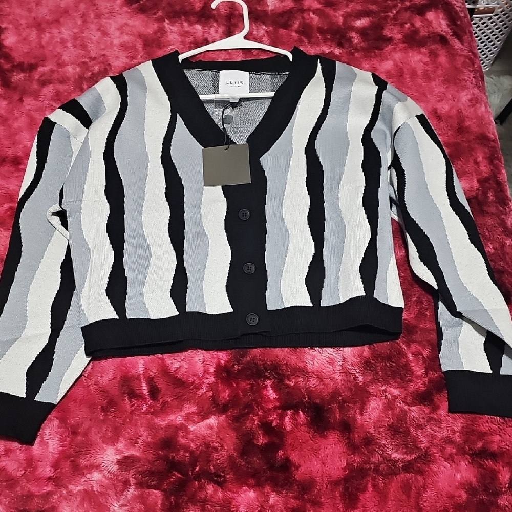 Le Lis Black and White Wavy Striped Cardigan